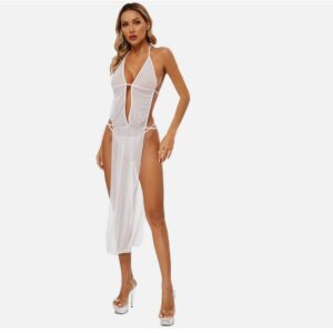 Plunging Neck Sheer Mesh Slit Maxi Gown Lingerie